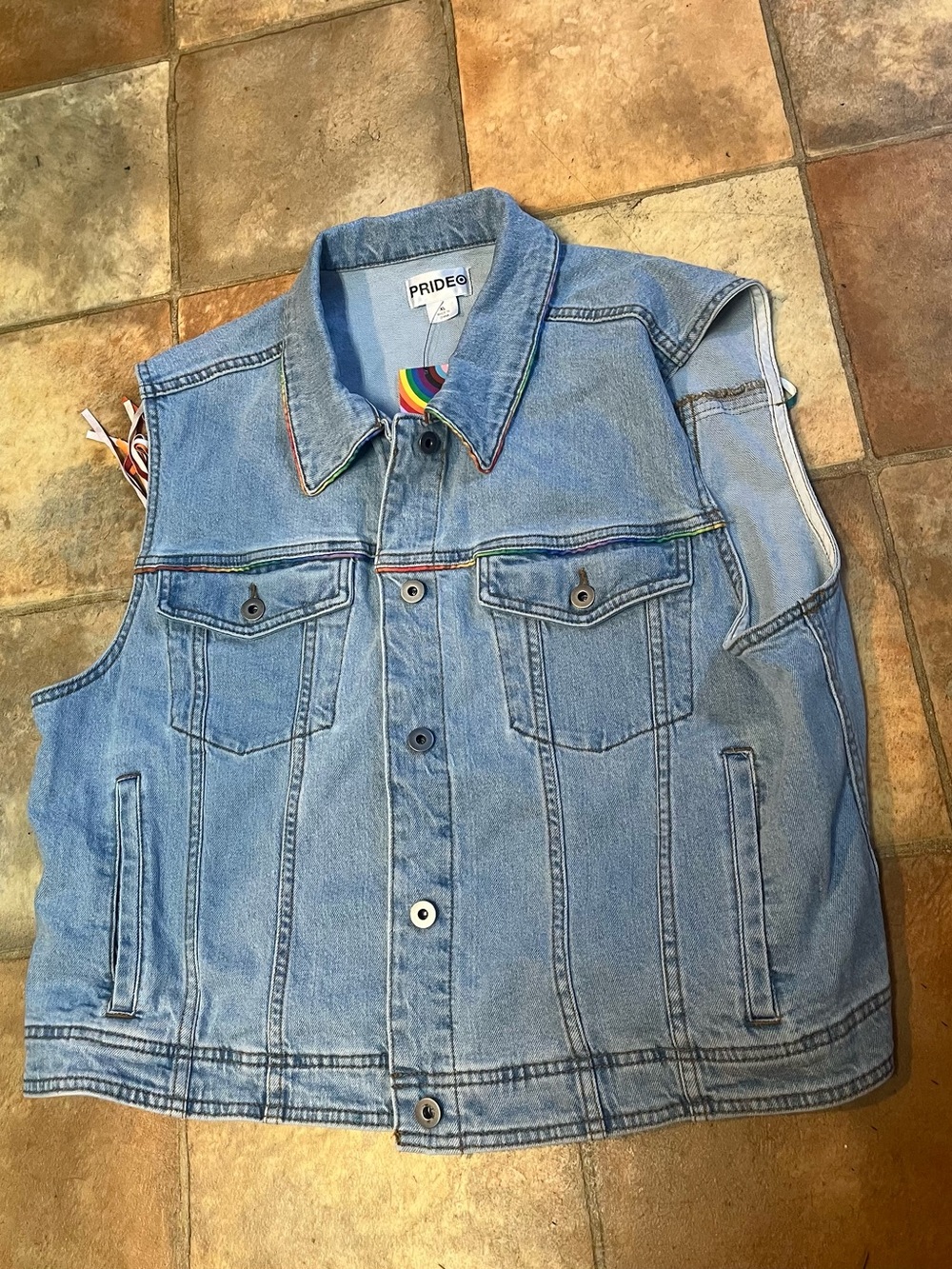 Denim Sleeveless Jacket Vest in Light Blue with Rainbow Trim
